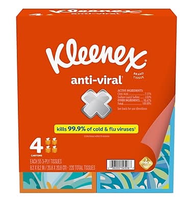 Kleenex Antiviral Facial Tissue, 3-ply, 55 Tissues/Box, 4 Boxes/Pack (54506)