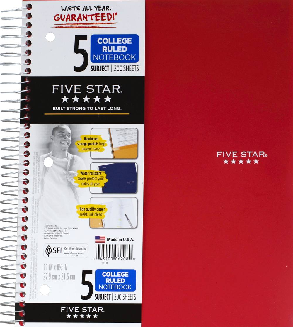 Five Star 5 Subject College Ruled Wirebound Notebook