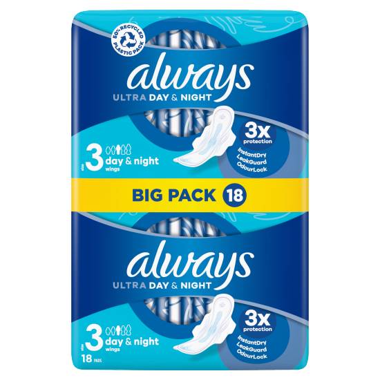 Always 3, Ultra Day & Night Sanitary Pads With Wings (18 pack)