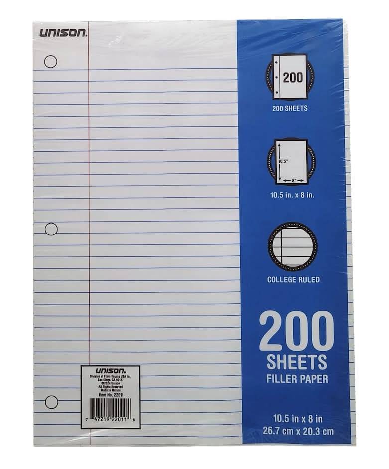 Unison College Ruled Filler Paper Sheets, 10.5x8 in (200 ct)