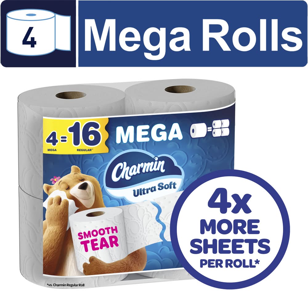 Charmin Ultra Soft Smooth Tear Mega Toilet Paper Rolls, White (4 ct)