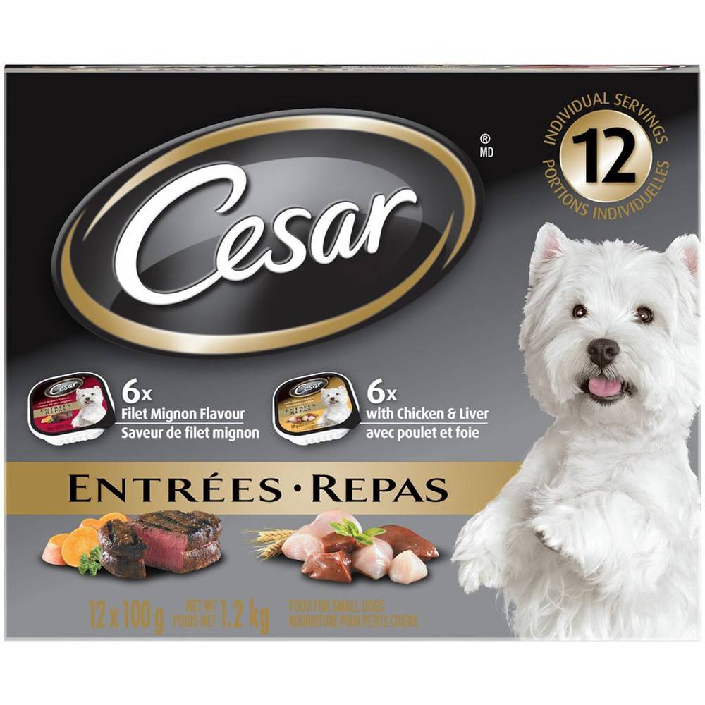 Cesar repas pour chien aux saveurs de filet mignon et de poulet et foie (12x100 g) - entrées: 6 filet mignon flavour & 6 with chicken and liver (12x100g)