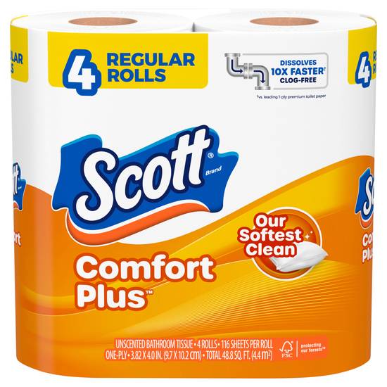 Scott Comfort Plus One-Ply Regular Rolls Unscented Bathroom Tissue, (4ct)