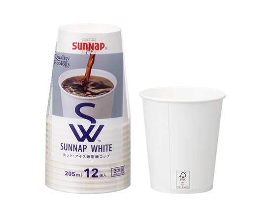 406178：サンナップ ＦＭＸ ホワイトカップ（Ｃ２０１２ＳＮＰ） 205ML×12個入り / Sunup Paper Cups, White Cups, 205 ml ×12