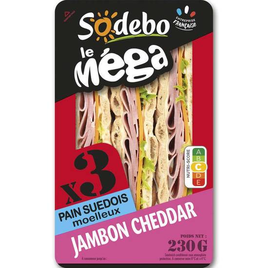 sandwich Mega Club jambon cheddar x3 230g Sodebo