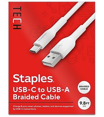 Staples TECH USB-C to USB-A Charging Cable, 9.8 ft., White (ST62339)