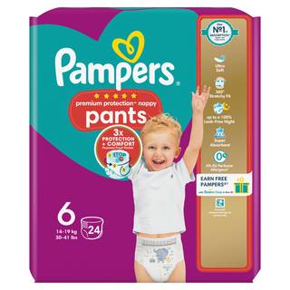 Pampers Premium Protection Nappy Pants Size 6, 24 Nappies, 15kg+, Essential Pack