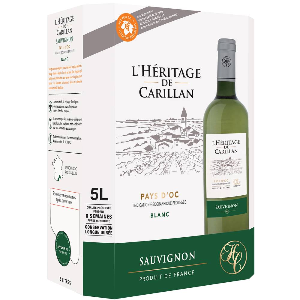 L'Héritage de Carillan - Vin blanc sauvignon igp pays d'oc domestique (5L)