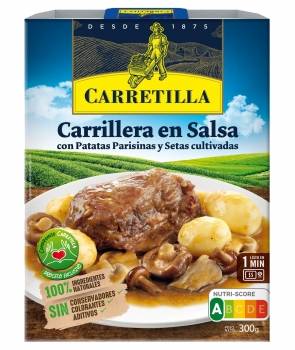 Carrilleras en salsa con patatas y setas Carretilla 300 g.