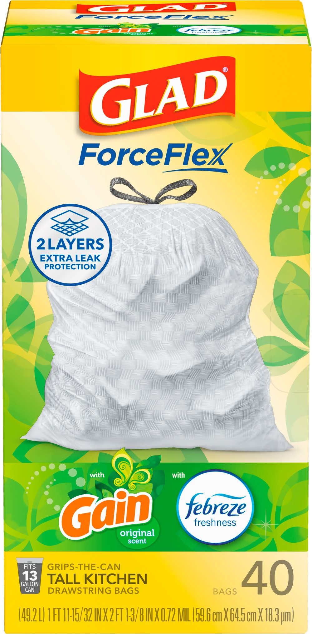Glad Forceflex Drawstring Tall Gain Original Scent Kitchen Bags (40 ct)