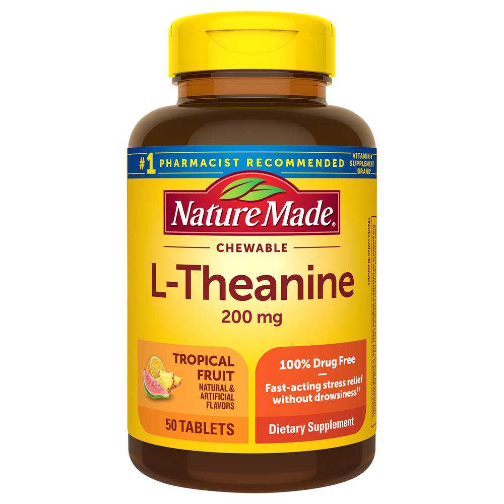 Nature Made L-Theanine 200mg Supplement For Stress Relief Chewable Tablets, Tropical Fruit (50 ct)