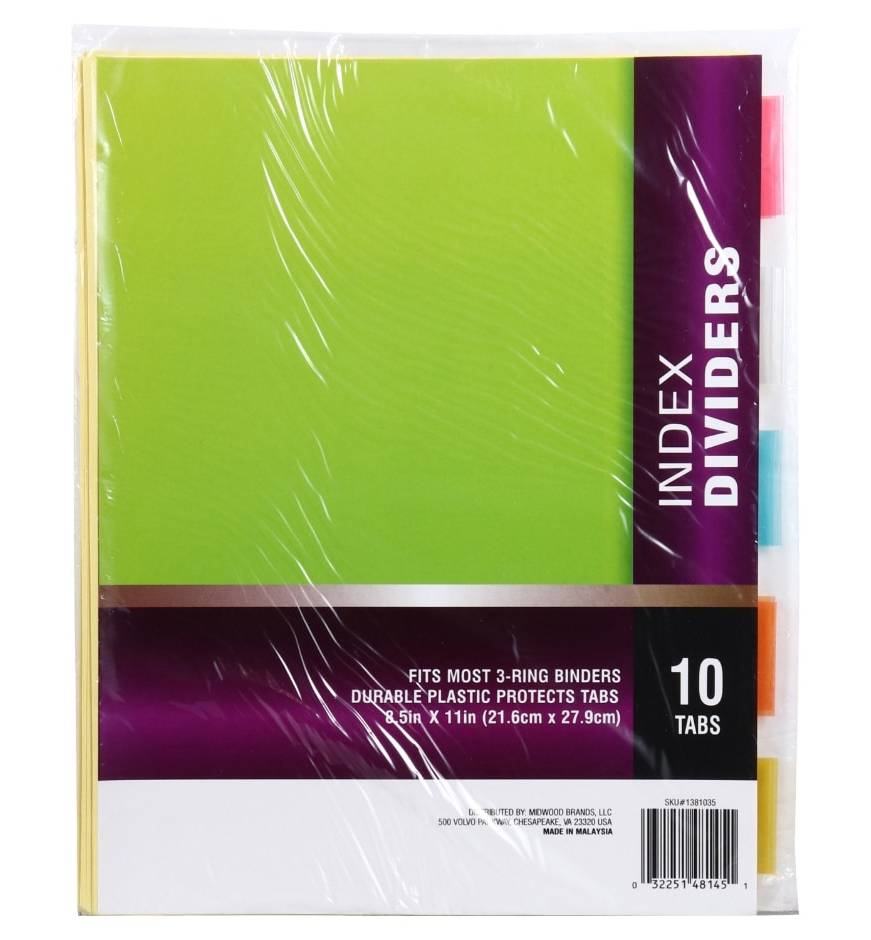 Family Dollar Unison Color Coded Index Dividers, 8.5x11 in, Assorted (10 ct)