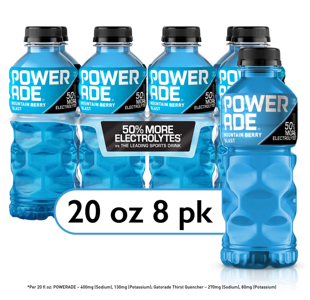 Powerade Electrolytes Sports Drink, Mountain Berry Blast (8 x 20 fl oz)