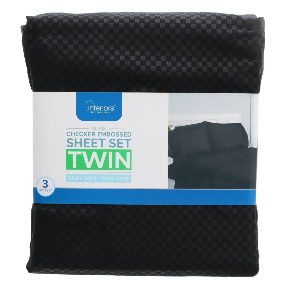 Interiors by Design Checker Embossed Sheet Set, Twin, Black (3 ct)