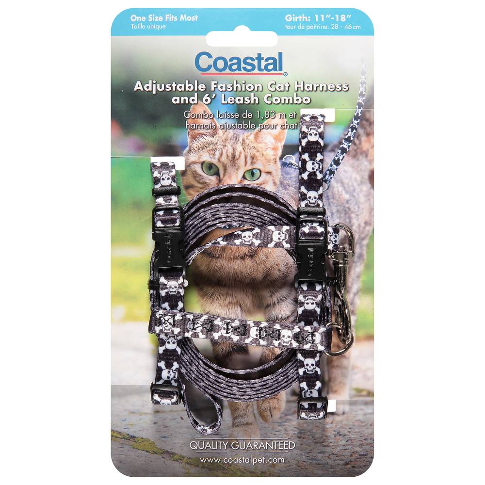 Coastal Figure "H" Fashion Adjustable Cat Harness and Leash Combo (3/8" x 10"-18"/black skulls)