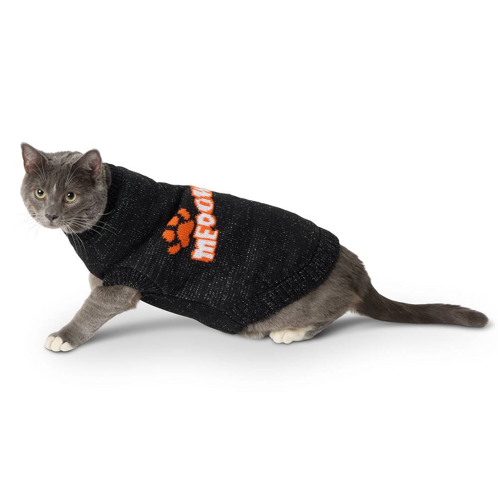 Thrills & Chills Cat Meow Sweater (Color: Black, Size: Medium/Large)