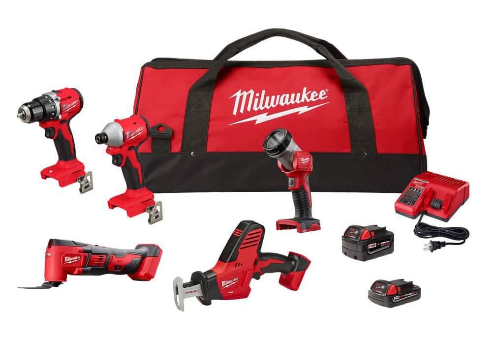Milwaukee M18 18V Lithium-Ion Cordless Combo Kit With Two Batteries And Charger (5-Tool)