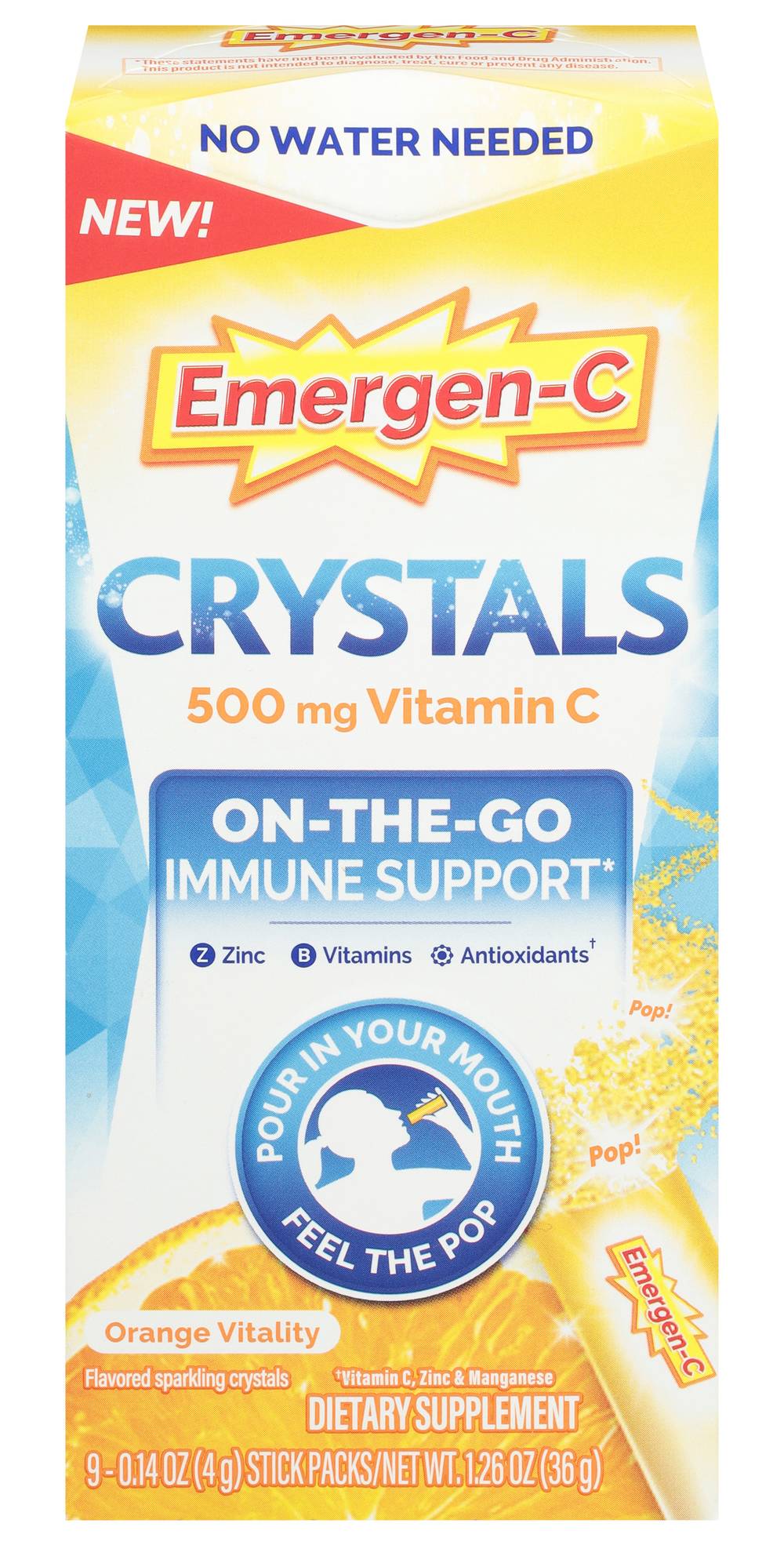 Emergen-C Crystals Orange Vitality Immune Support 9 - 0.14 Stick packs, Orange Vitality (36 g)