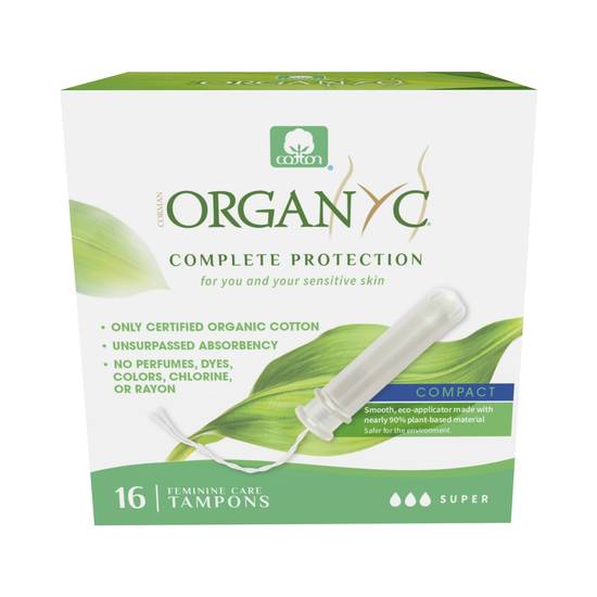 Organyc Organic Cotton Organic-Based Compact Applicator Tampons for Sensitive Skin, Super, 16CT 