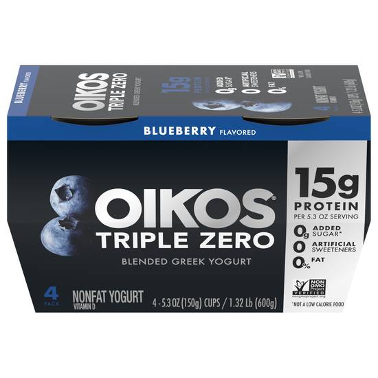 Oikos Triple Zero Blueberry Blended Greek Yogurt (4 x 5.3 oz)