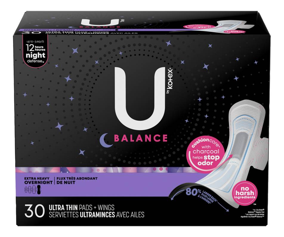 U by kotex balance serviettes ultraminces de nuit avec ailes absorption très élevée (30 unités)