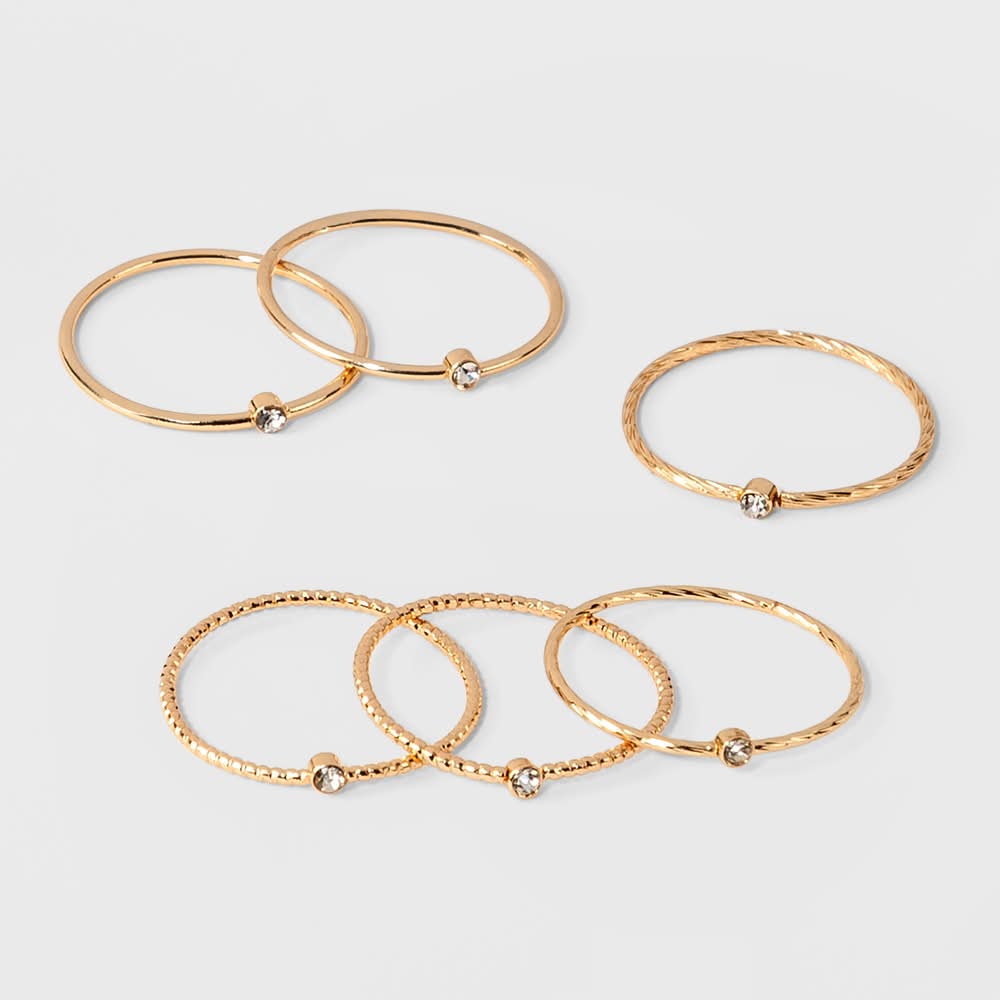 A New Day Stacking Jewelry Glass & Zinc Material Stone Ring Set, 7, Gold-Clear (6 ct)