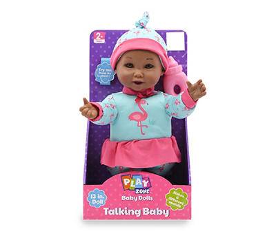 13" Blue & Pink Flamingo Outfit Talking Baby Doll, Brown Eyes