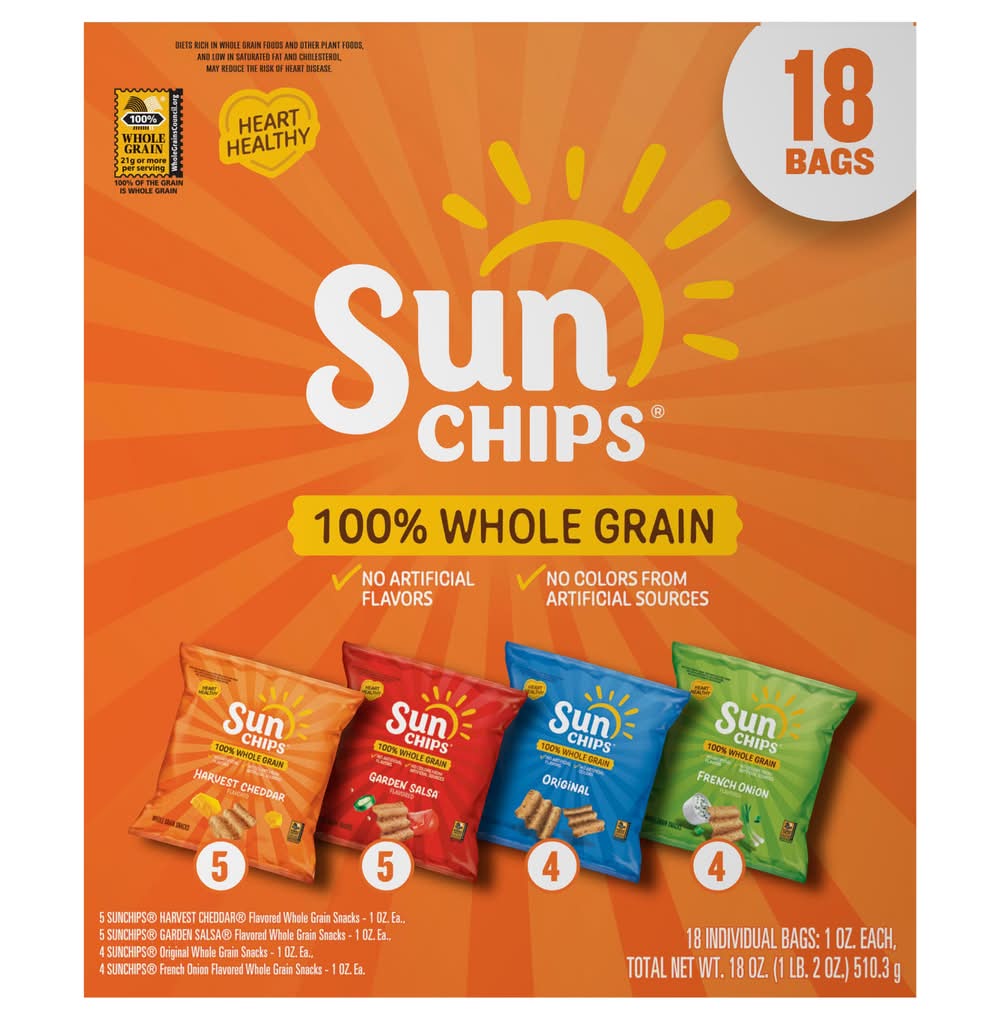 Sun Chips Whole Grain Chips Variety pack, Original-French Onion-Garden Salsa-Harvest Cheddar (18 x 1 oz)