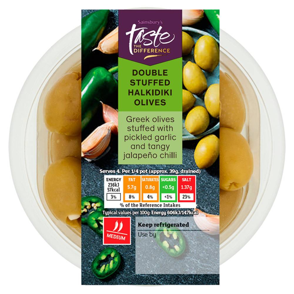 Sainsbury's Double Stuffed Halkidiki Olives with Jalapeño & Garlic, Taste the Difference 160g