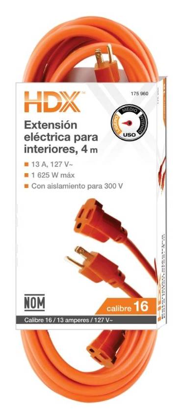 HDX · Extensión eléctrica para interiores, 4 m, naranja