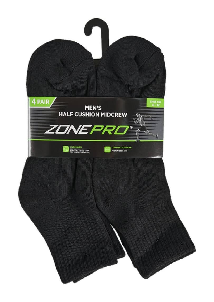 Zone Pro Men?S Half Cushion Black Mid Crew Socks Size 6 To 12 4 Pk