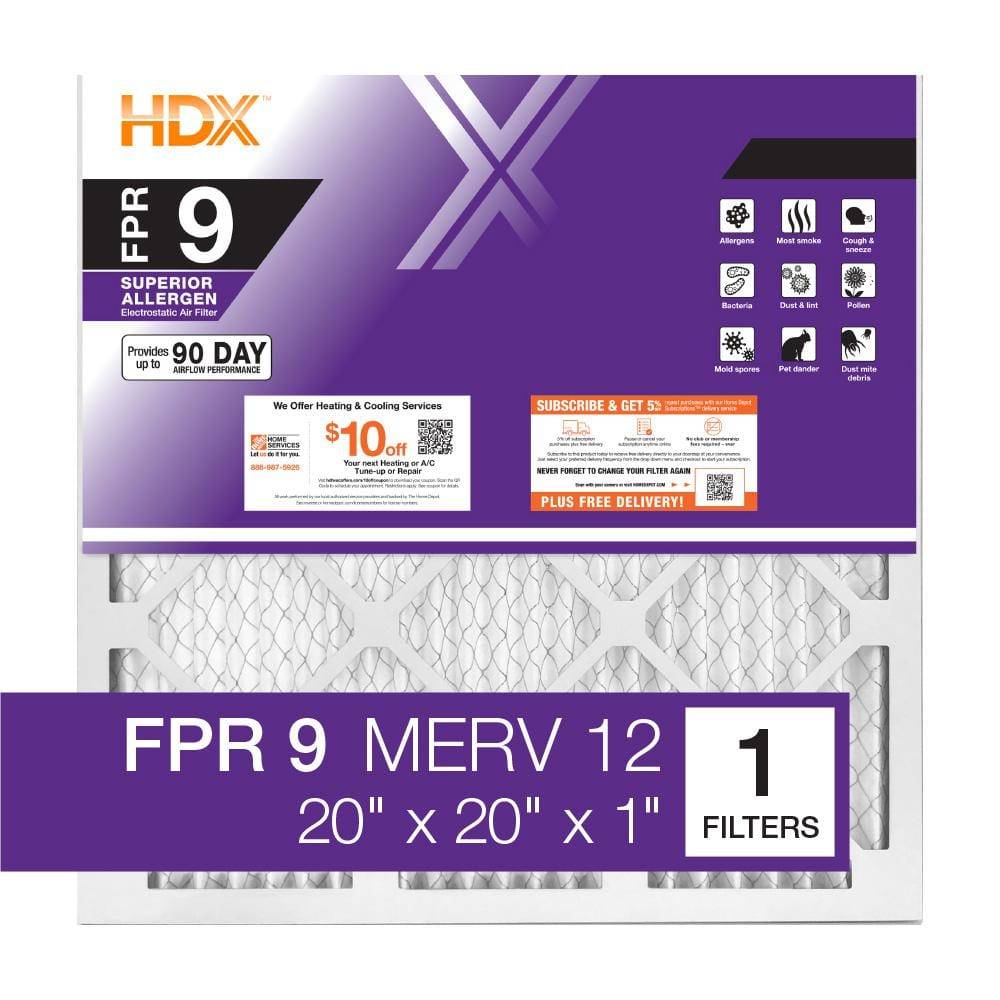 HDX Fpr 9 Merv 12 Superior Pleated Furnace Air Filter, 20X20X1 in