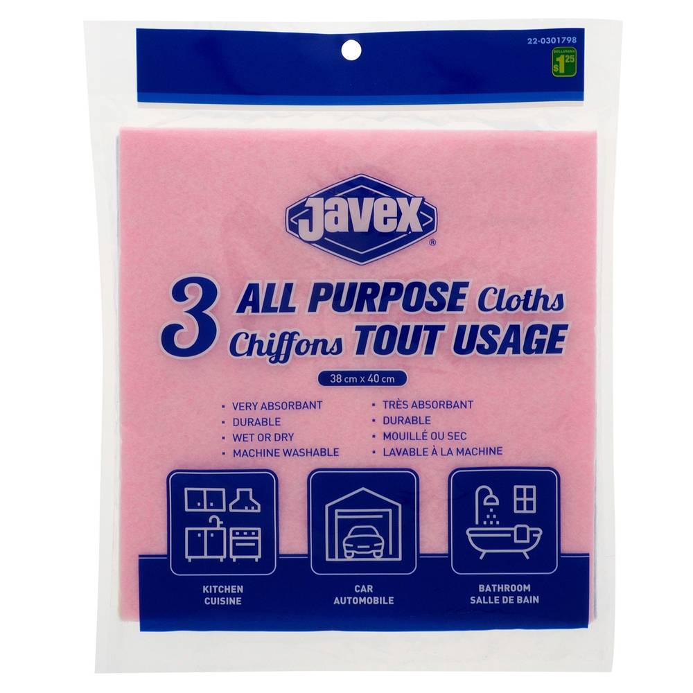 Javex 3 chiffons de nettoyage multi usages pour vaisselle (38cm x 40cm)