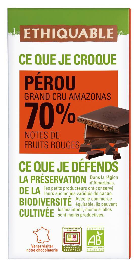 Pérou grand cru amazonas 70 % doux et boisé - ethiquable - 100g
