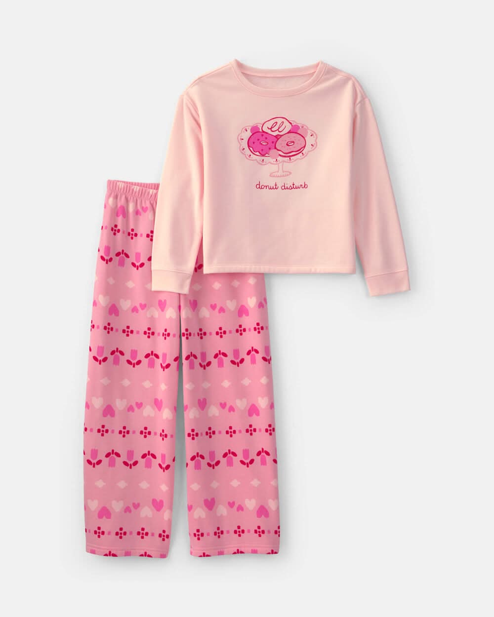 Girls 2-Piece 'Donut Worry' Fair Isle Fleece Loose Fit Pajama Set - Pink - 14