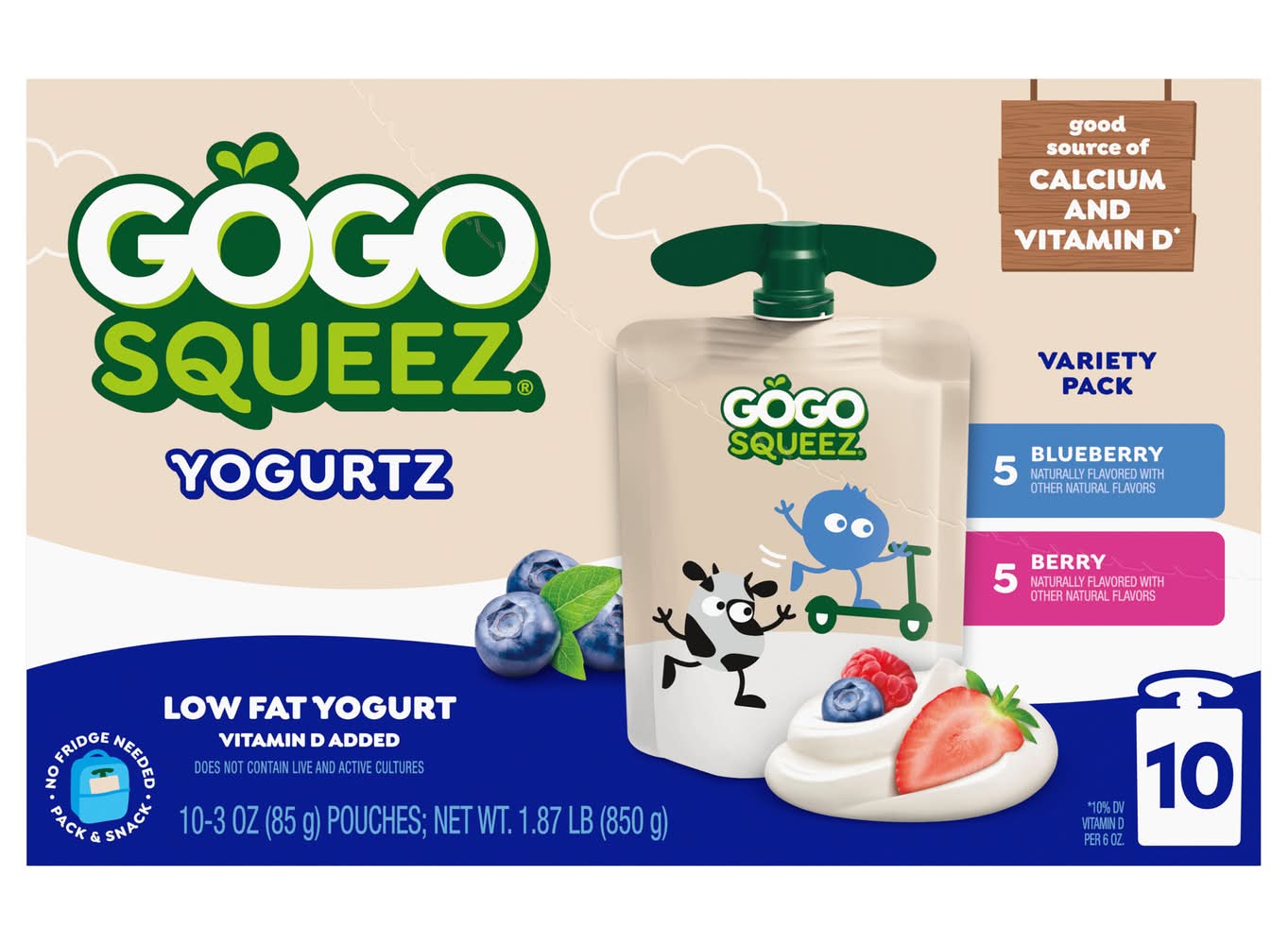 GoGo squeeZ Low Fat Yogurt on the Go Variety pack, Blueberry-Berry (10 x 3 oz)