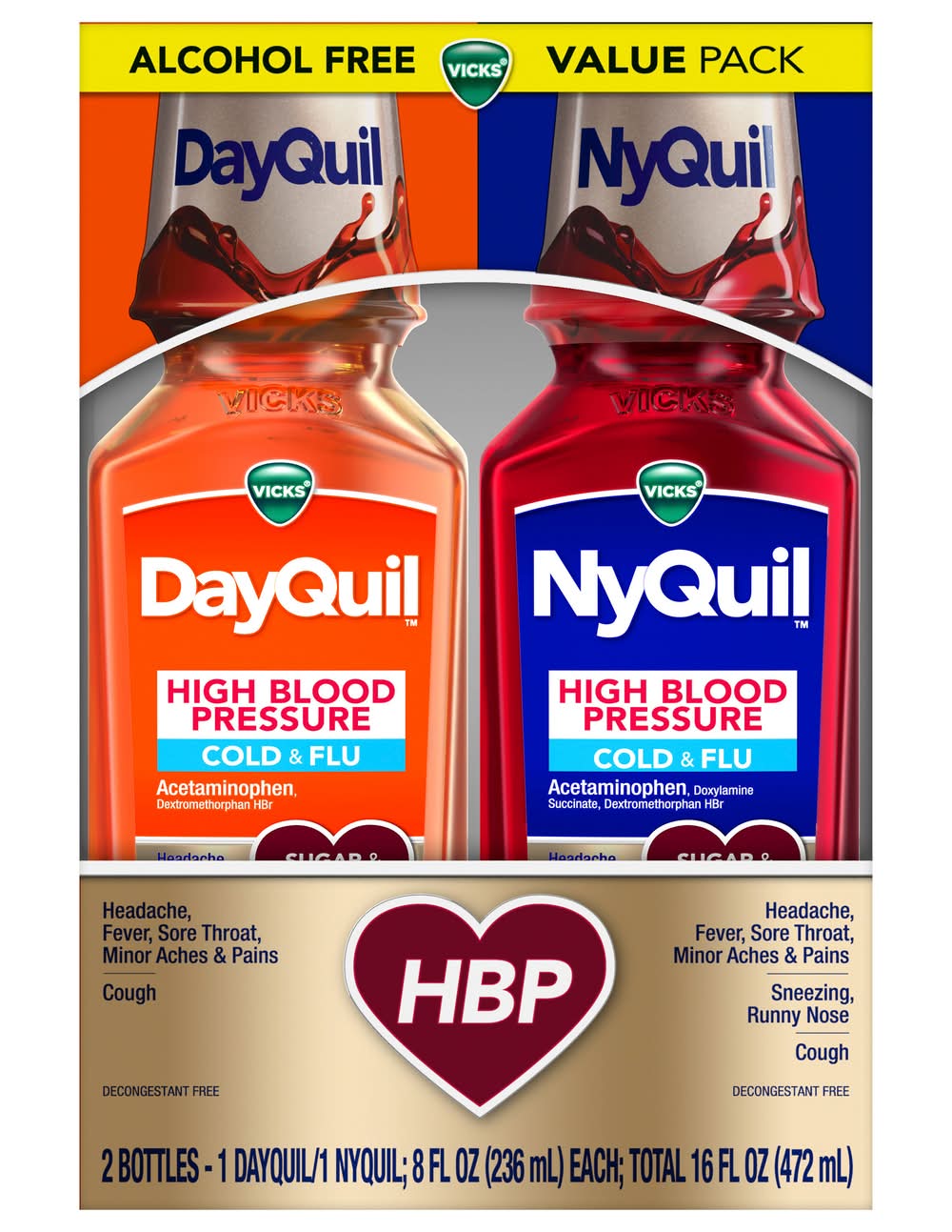 Vicks Dayquil & Nyquil High Blood Pressure Cold & Flu Relief Liquid (16 fl oz, 2 ct)
