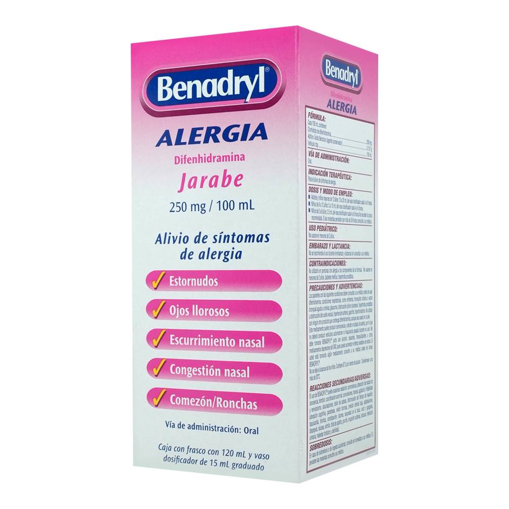 Benadryl alergia difenhidramina jarabe 250 mg (120 ml)