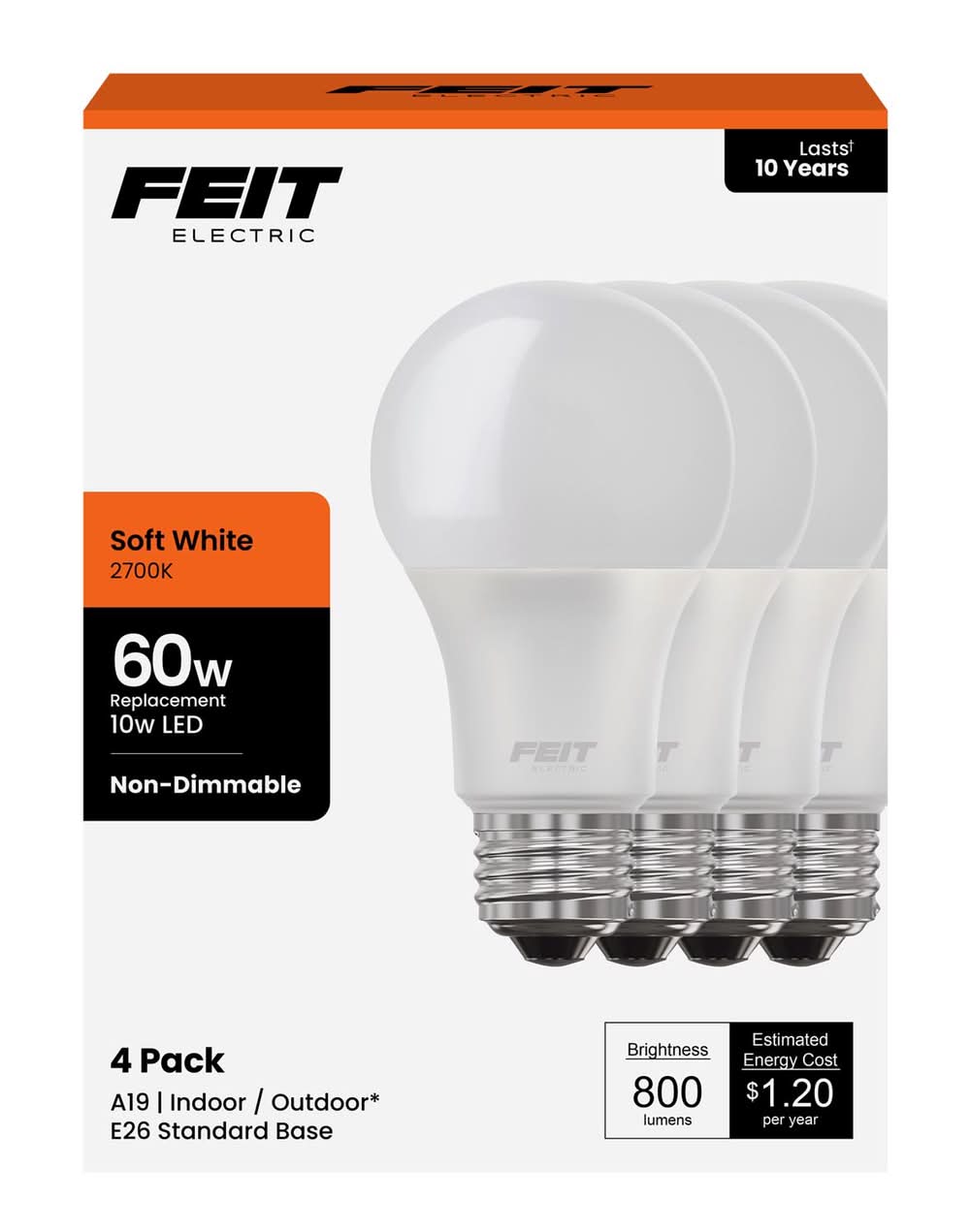 Feit A19 E26 (Medium) Led Bulb Soft White 60 Watt Equivalence 4 Pk