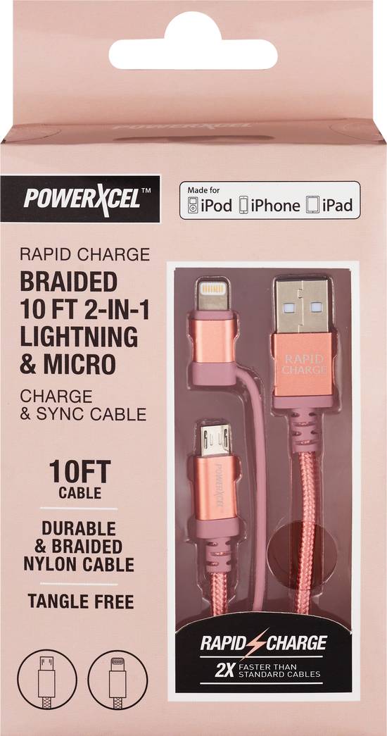 Rapid Charge Braided 10Ft 2-In-1 Lightning & Micro Charge & Sync Cable, Rose Gold