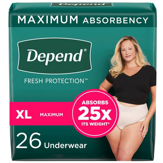 Depend FIT-FLEX Incontinence Underwear for Women, Maximum Absorbency, XL, Blush, 26 CT