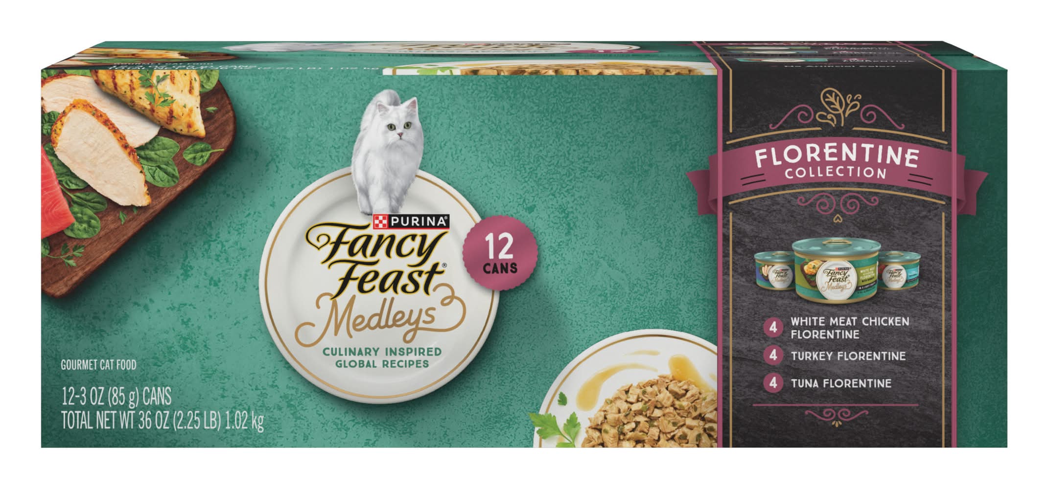 Purina Fancy Feast Medleys Gourmet Variety pack Wet Cat Food, Turkey Florentine-White Meat Chicken Florentine-Tuna Florentine (12 x 3 oz)