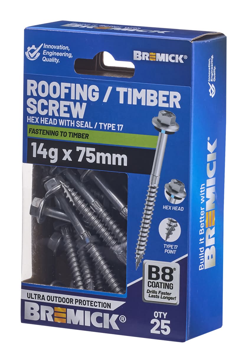 Bremick Hex Timber Screw 14g x 75mm B8 BOX 25