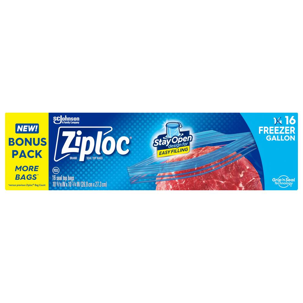 Ziploc Freezer Gallon Bags With Grip 'N Seal Technology, 26.8x27.3 cm (16 ct)