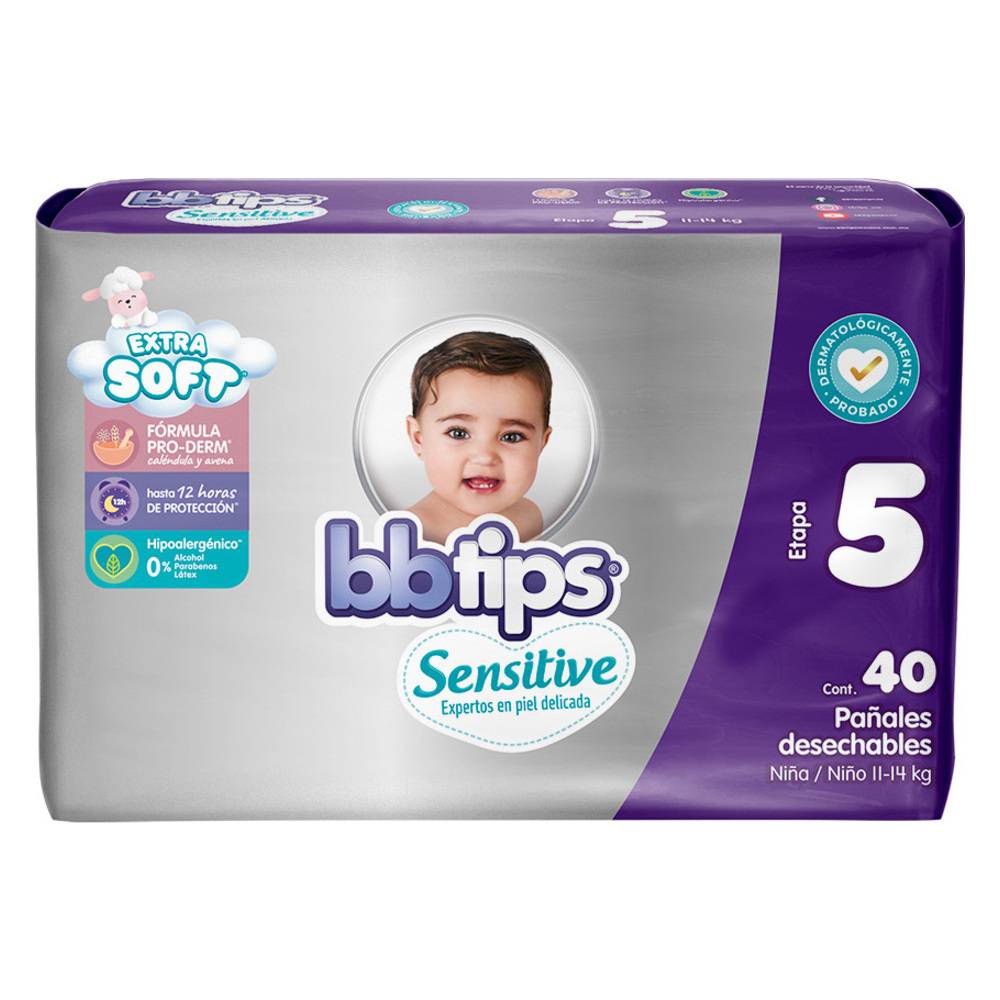 bbtips · Pañales desechables sensitive, unisex, Etapa 5 - XG (40 un)