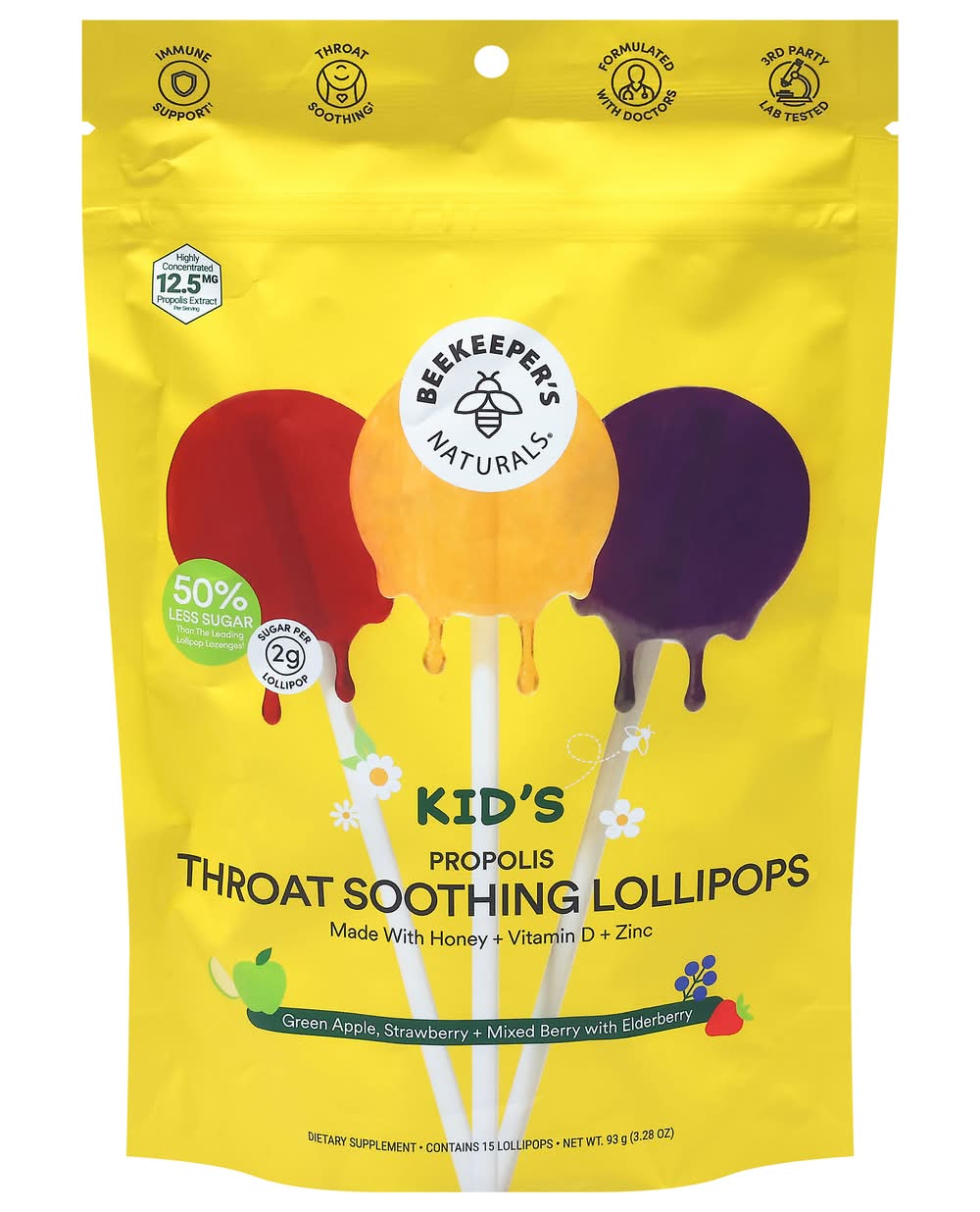 Beekeeper's Naturals Kid's Propolis Throat Soother Lollipops, Green Apple Strawberry + Mixed Berry With Elderberry (3.28 oz, 15 ct)