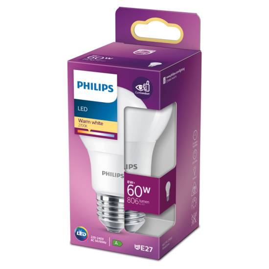 Philips Led Frosted E27 Edison Screw 8w (60 equivalent) Non-Dimmable Warm White