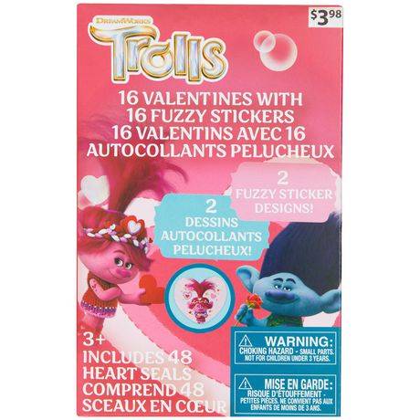 Cartes de Saint-Valentin des Trolls avec autocollants flous, multicolores, 16 pièces