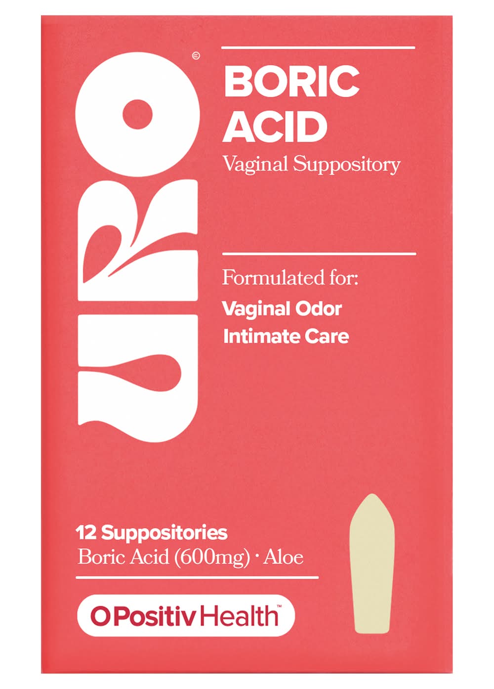 O Positiv Health Uro Boric Acid Vaginal Suppository 600 mg, Women (12 ct)