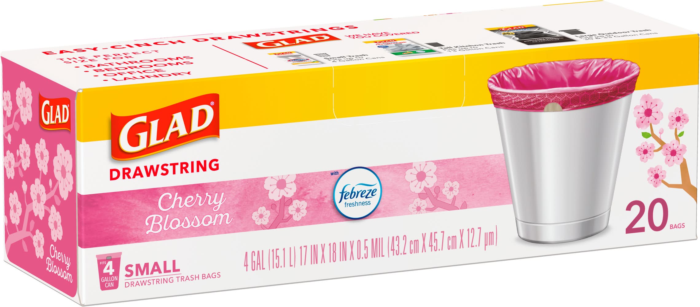Glad Cherry Blossom Odorshield Small Drawstring Trash Bags, S (20 ct)